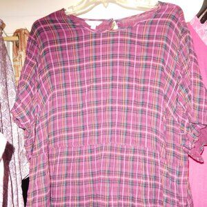 3X 26W 24W TERRA & SKY TEAL burgundy PLAID FLUTTER SLEEVE COTTON GAUZE TOP